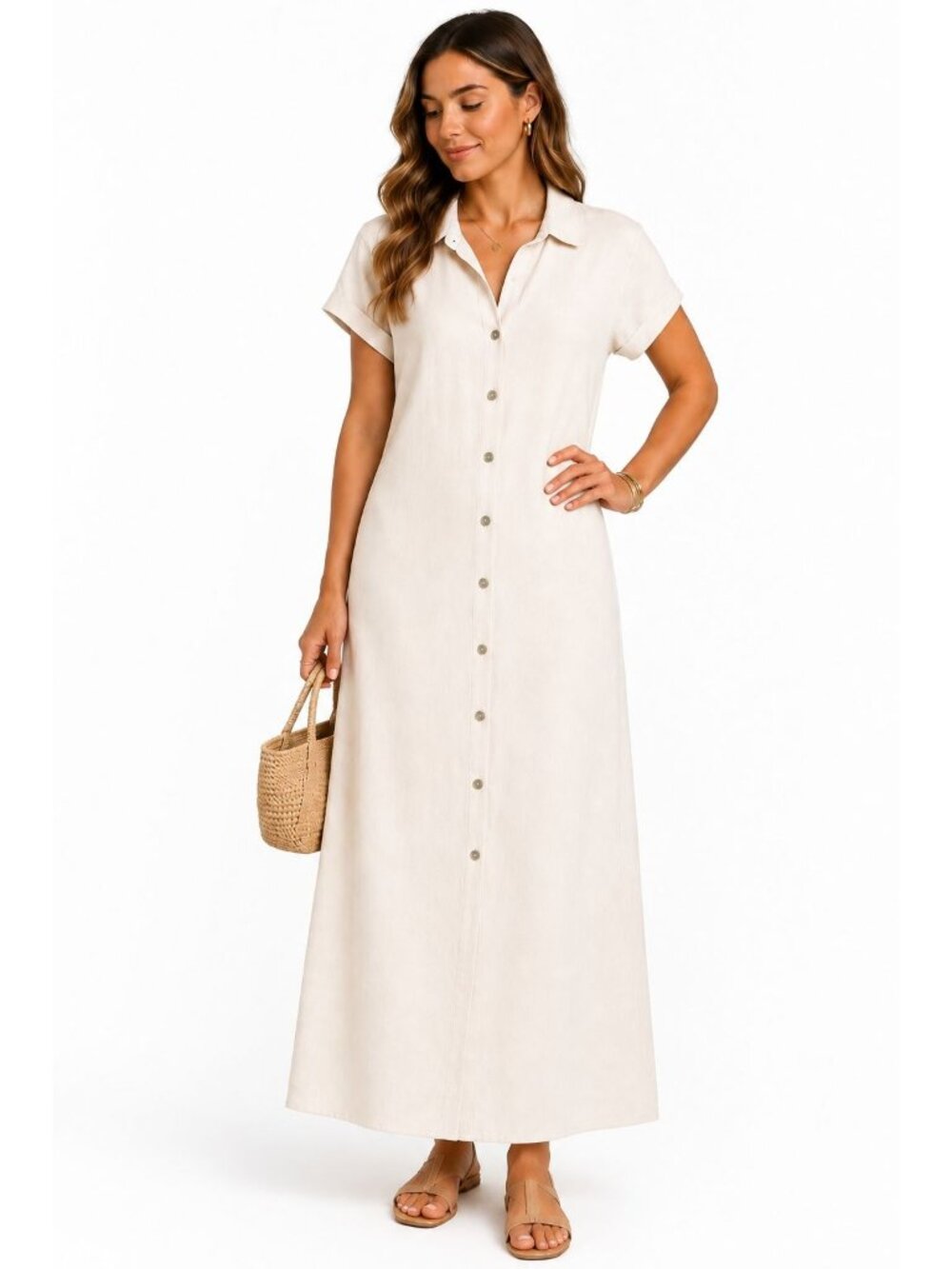 C&C California Linen Blend Maxi Shirt Dress XS White Button Front Casual